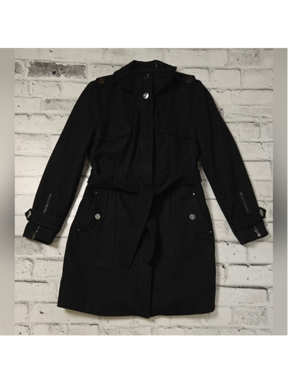 Kenneth Cole Black Wool Blend Belted Trench Coat Womens 12 Zip Cuffs